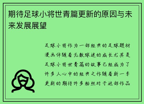 期待足球小将世青篇更新的原因与未来发展展望 期待足球小将世青篇更新的原因与未来发展展望